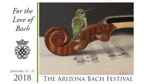 Festival poster of a hummingbird sitting on the head of a violin